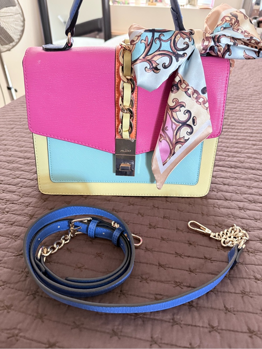 ALDO Colorblock Crossbody Bag in Pink, Light Blue & Yellow with Scarf